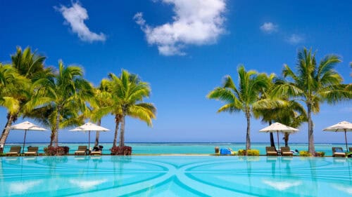 Infinity pool view of ocean flanked by palm trees in Mauritius