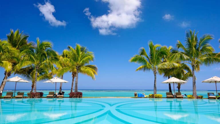 Infinity pool view of ocean flanked by palm trees in Mauritius