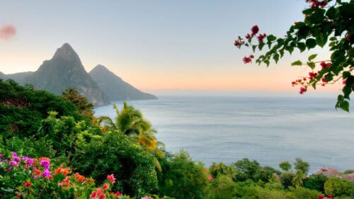 Panoramic view of St Lucia's Twin Pitons at Sunrise