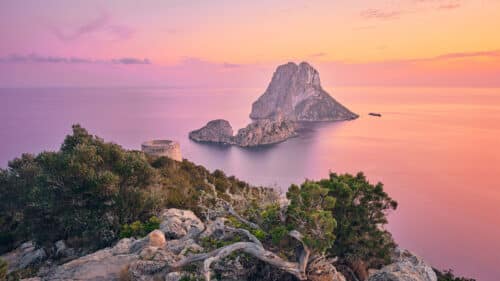 Rocky island of Es Vedrà rises from calm pink and purple sea at sunset, with lush green shrubs and an old stone watchtower in the foreground on a coastal cliff.
