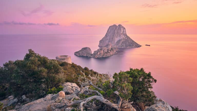 Rocky island of Es Vedrà rises from calm pink and purple sea at sunset, with lush green shrubs and an old stone watchtower in the foreground on a coastal cliff.