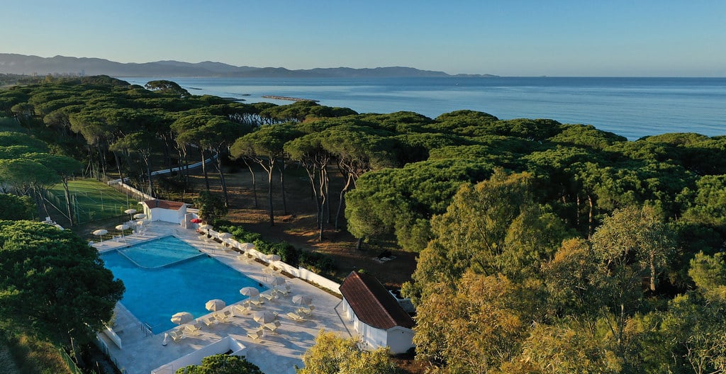 Aerial view of a large outdoor swimming pool with white sun loungers and umbrellas, surrounded by pine trees near the coastline, overlooking a calm blue sea under a clear sky.