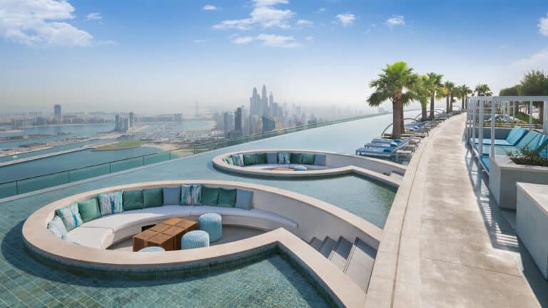 A luxurious rooftop infinity pool with sunbeds, palm trees, and sunken lounging areas, overlooking a city skyline and waterfront under a clear blue sky.